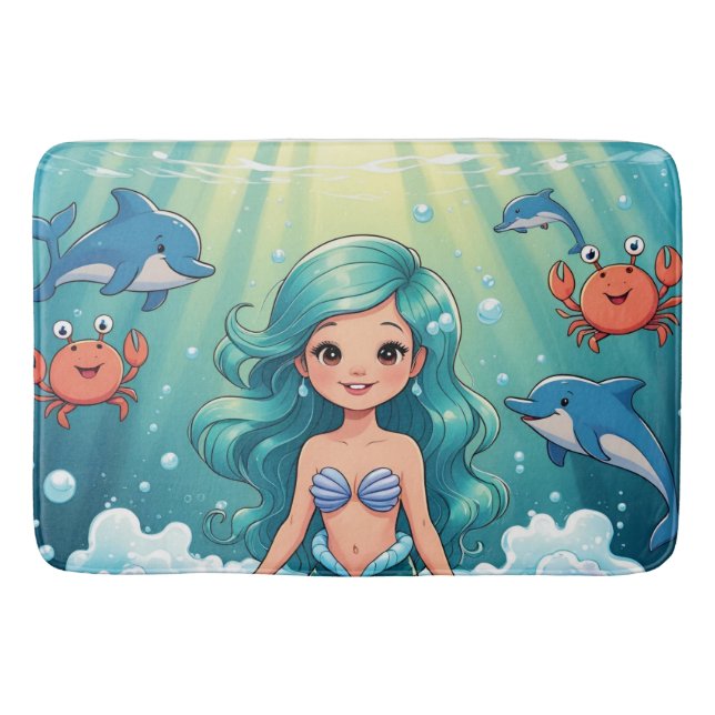 Tapete De Banheiro Tempo de Banho de Sereia Mágica com Caranguejo de  (Frente)