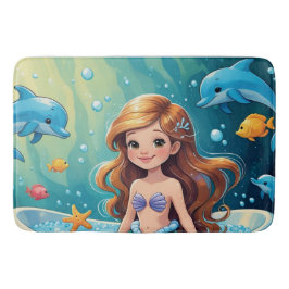 Tapete De Banheiro Tempo de Banho de Sereia Mágica com Golfinhos