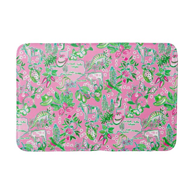 Tapete De Banheiro Texas Map Pink & Green Preppy Patterno (Frente)