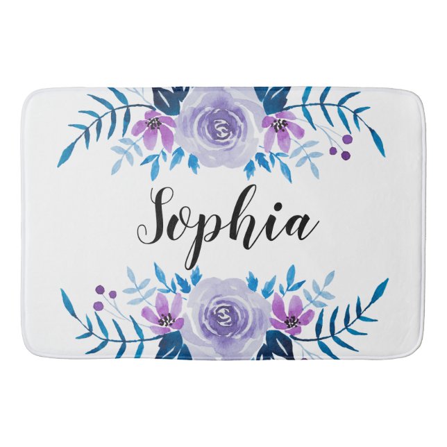 Tapete De Banheiro Texto Personalizado de Texto Floral Púrpura Azul-C (Frente)