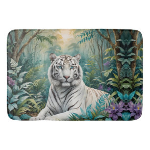 Tapete De Banheiro Tigre branco numa selva verde azul