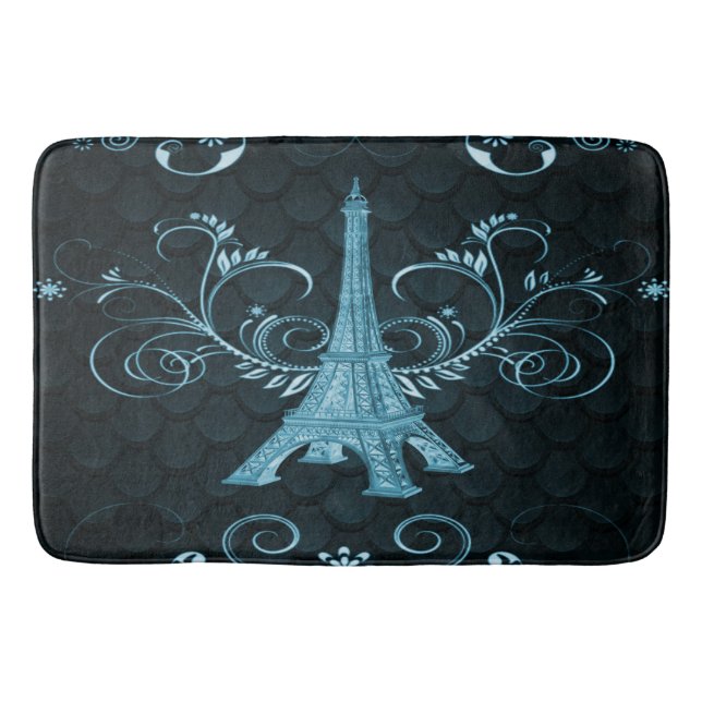 Tapete De Banheiro Torre Eiffel Blue Floral Swirls Bath Mat (Frente)