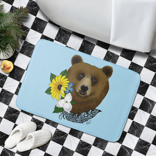 Tapete De Banheiro Urso Marrom Flores Azuis Pena Vida Selvagem