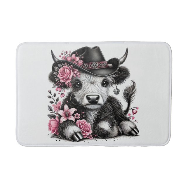 Tapete De Banheiro Vaca das Terras Altas Com Chapéu Floral (Frente)