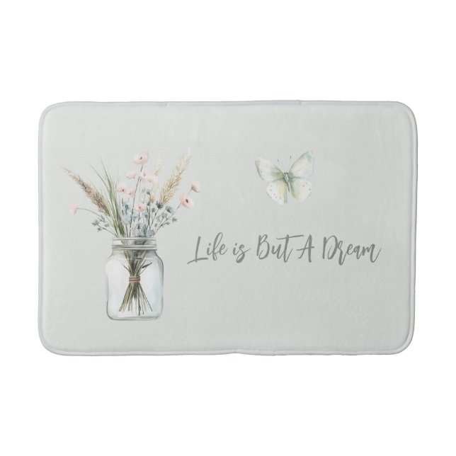 Tapete De Banheiro Vaso de Flores Azuis Blush Borboleta  (Frente)