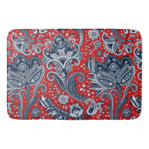 Tapete De Banheiro Vermelho Branco & Azul Floral Paisley Boêmio Boho