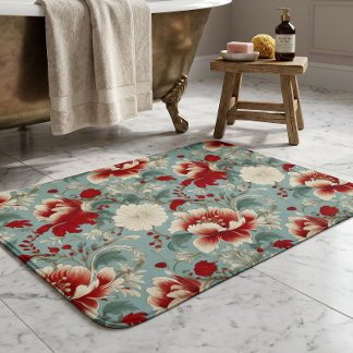 Tapete De Banheiro Vermelho, Creme e Verde Floral Chinoiserie