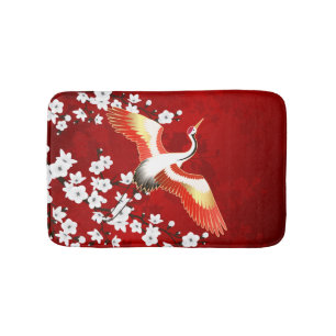 Tapete De Banheiro Vermelho de Flor Branca de Crane Japonesa