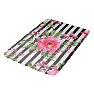 Tapete De Banheiro Vintage Black And White Stripes E Flores Rosa