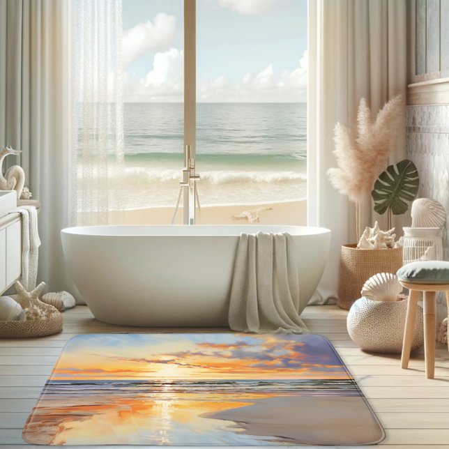 Tapete De Banheiro Watercolor Beach Sunset Ocean (Bath mat featuring a watercolor painting of a sunset on the beach.)