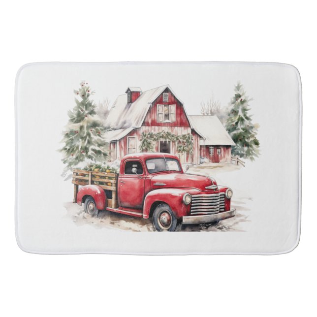 Tapete De Banheiro Watercolor Christmas Vintage Truck and Barn (Frente)