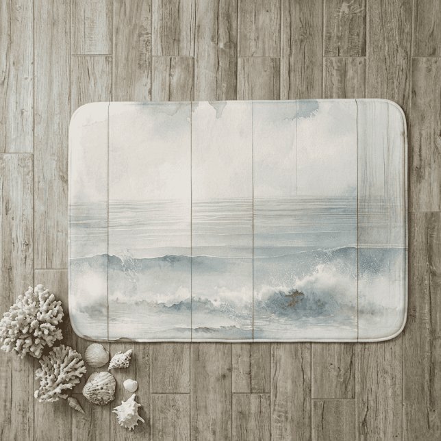 Tapete De Banheiro Watercolor Pastel Ocean Rustic Wood Texture (Pastel wood beach bath mat 1)