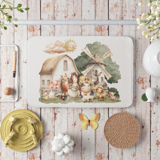Tapete De Banheiro Watercolor Whimsical Farm Animals (Criador carregado)