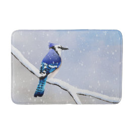 Tapete De Banheiro Watercolor Winter Snow Bird Blue Jay