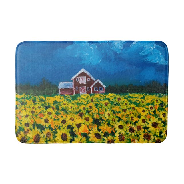 Tapete De Banheiro western country red barn summer sunflower field (Frente)