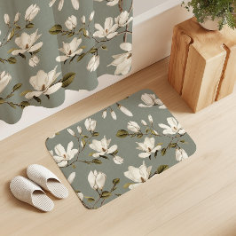 Tapete De Banheiro White Magnolia Grove Laurel Green Elegant Floral