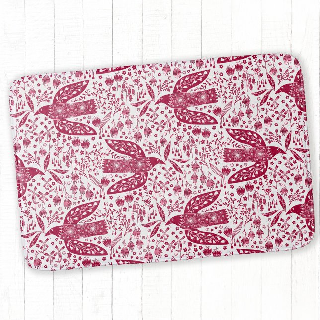 Tapete De Banheiro White vermelho de arte de pássaros (Red and white dove bird folk art  bathmat)