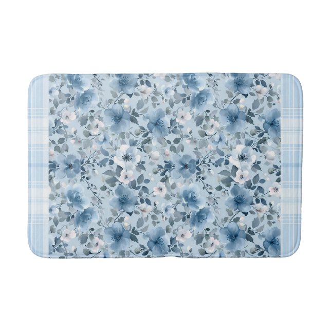 Tapete De Banheiro Xadrez Floral Azul e Branco (Frente)