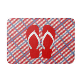 Tapete De Banheiro Xadrez vermelha, branca e azul com chinelos