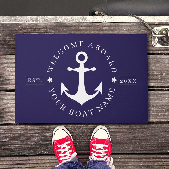 Tapete de Boas-Vindas com Nome de Barco Personaliz (Nautical Anchor Custom Boat Name Welcome Doormat)