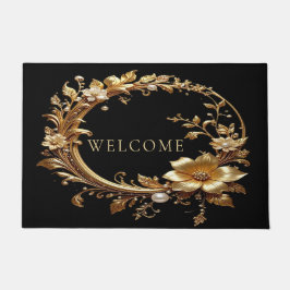 Tapete de Entrada com Moldura Floral Dourada Ornam