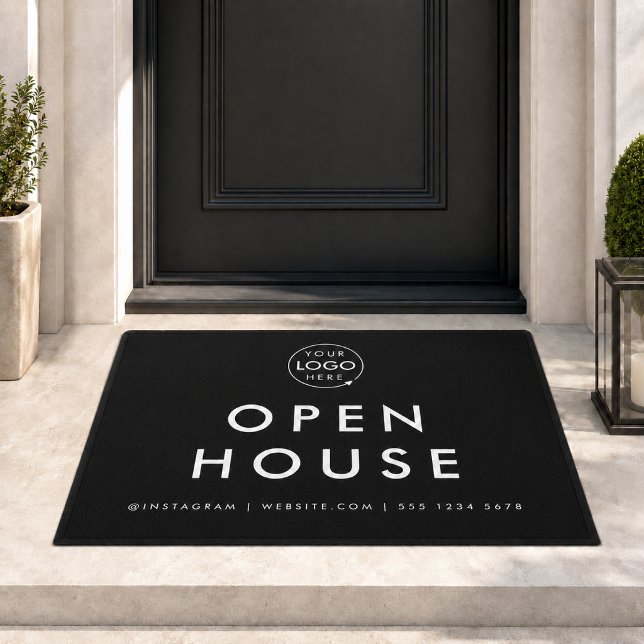 Tapete de Entrada de Casa Aberta | Tapete de Entra (Custom open house realtor doormat with logo space and contact details for listing visits.)