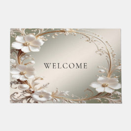 Tapete de Entrada Floral Branco Ornamentado