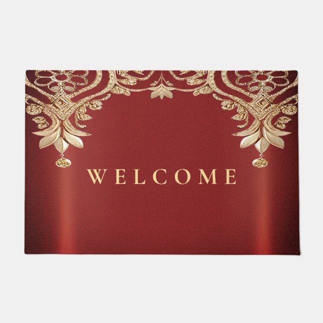 Tapete de Entrada Floral Vermelho Dourado Moderno (Frente)