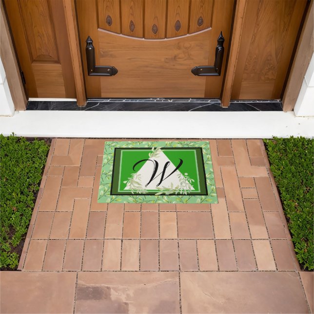 Tapete de Entrada Folhas Verdes Elegantes Monogram (Ar livre)