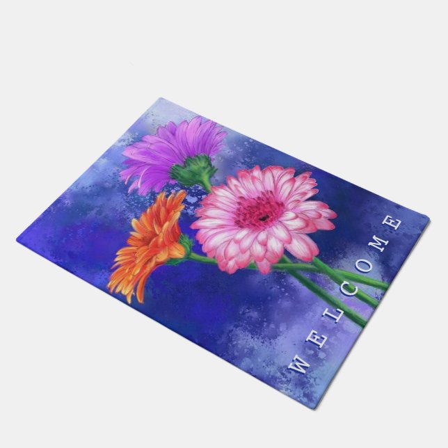 Tapete de Entrada Gerbera Daisies Bem-vindo (Inclinado)