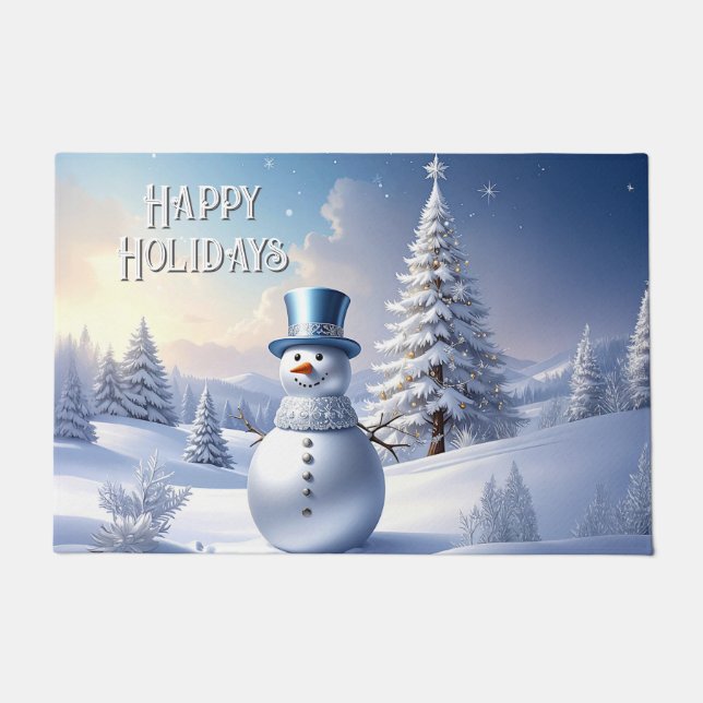 Tapete de Natal Boneco de Neve de Chapéu Azul Árvo (Frente)