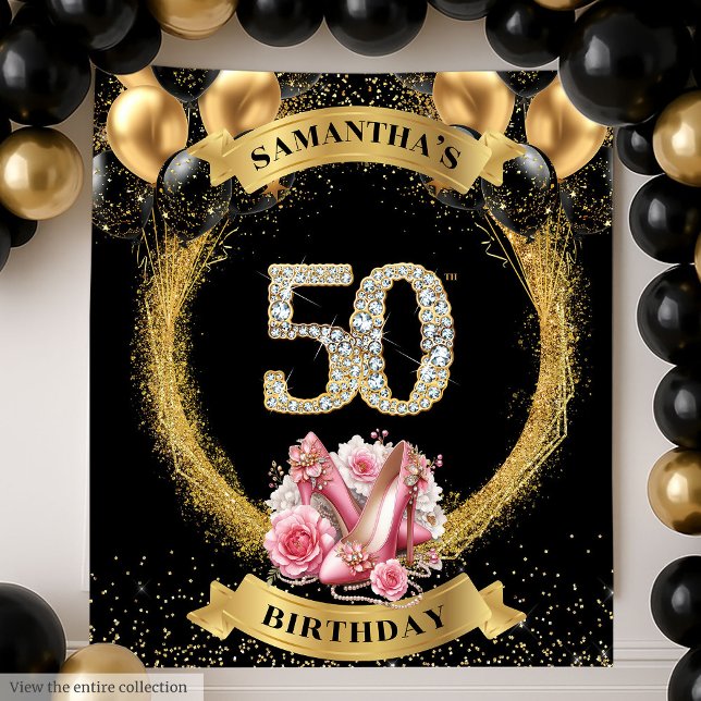 Tapete De Parede 50º Aniversário Números de Diamantes de Banner Alt (50th Birthday Banner Diamond Numbers High Heels Tapestry )