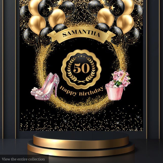 Tapete De Parede 50.º Aniversário com Rosa Dourado alto salto (50th Birthday Backdrop Rose Gold High Heels Glitter)