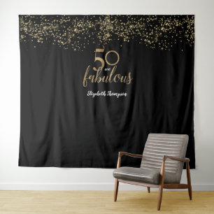 Tapete De Parede 50 & Fabuloso Aniversário preto dourado Personaliz