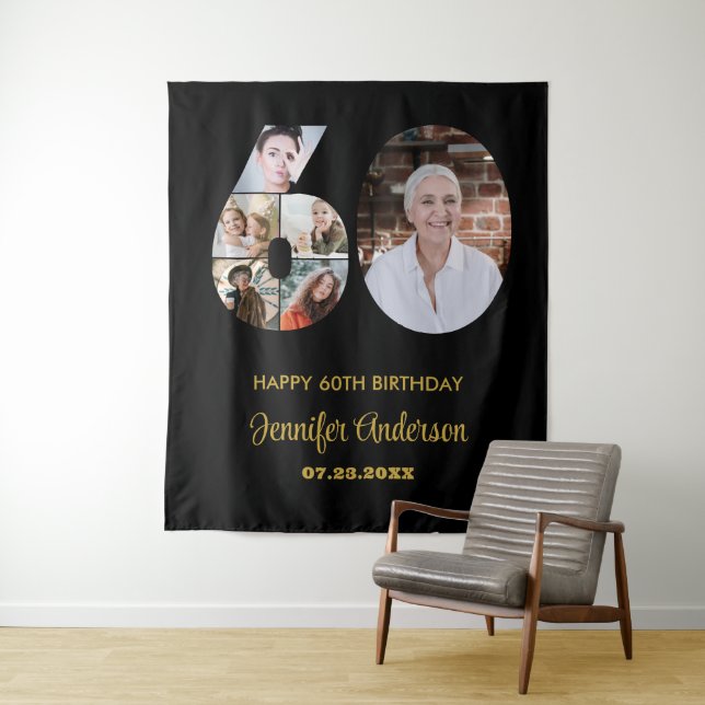 Tapete De Parede 60º Aniversário Número 60 Colagem de Fotos Preto M (In Situ)