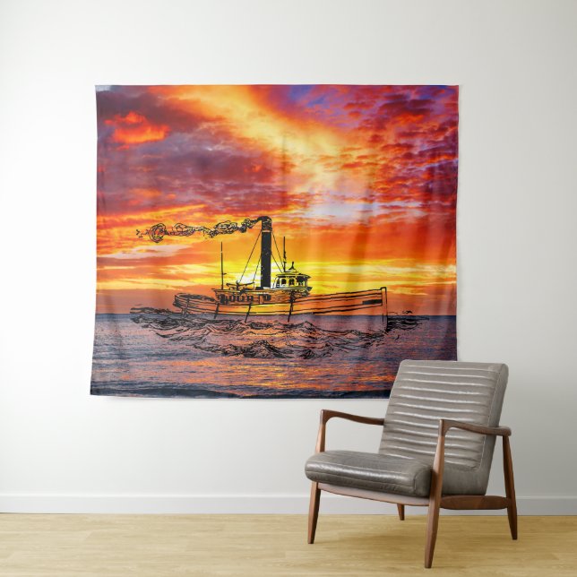 Tapete De Parede Abstrato Sunset sobre Oceano - Navegação do navio (In Situ (Horizontal))