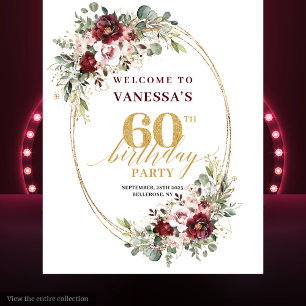 Tapete De Parede Adereço de 60º Aniversário Floral Glam Boho Burgun