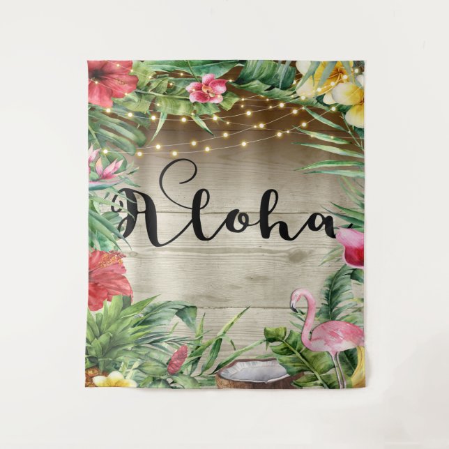 Tapete De Parede Aloha Madeira Tropical Floral Folhas e Luzes Luau (Frente)