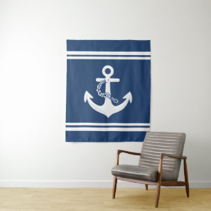 Tapete De Parede Âncora Náutica Vela Barco Branco Azul Marinho