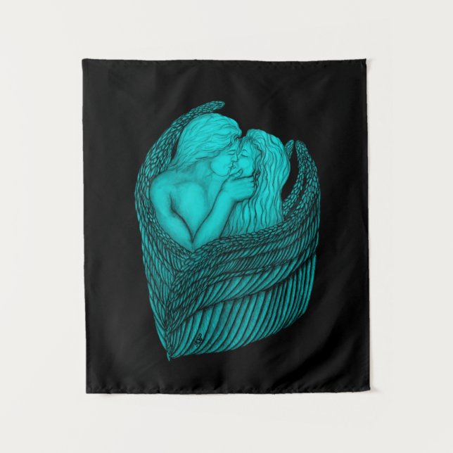 Tapete De Parede Angels Kissing, Design preto e verde (Frente)