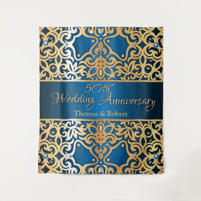 Tapete De Parede Aniversário Comemorativo Dourado e Azul Ornado com (Frente)