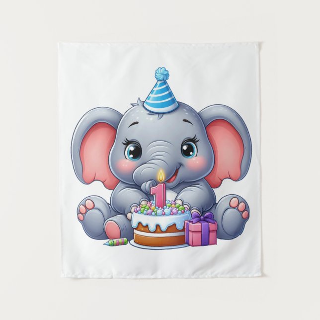 Tapete De Parede Aniversário de 1 ano do Elefante Bebê (Frente)