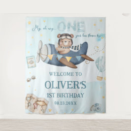 Tapete De Parede Aniversário de 1 ano do menino do avião azul do ur