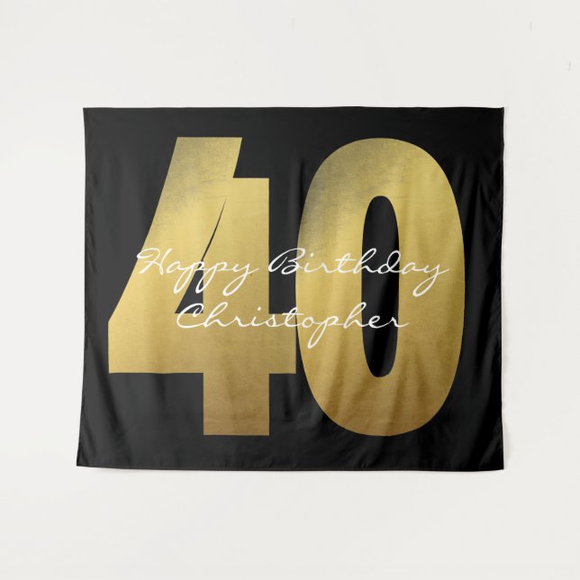 Tapete De Parede Aniversário de 40 anos Preto e Dourado (Frente (Horizontal))