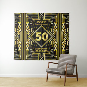 Tapete De Parede Aniversário de 50 anos Art Déco Dourado Preto Gran