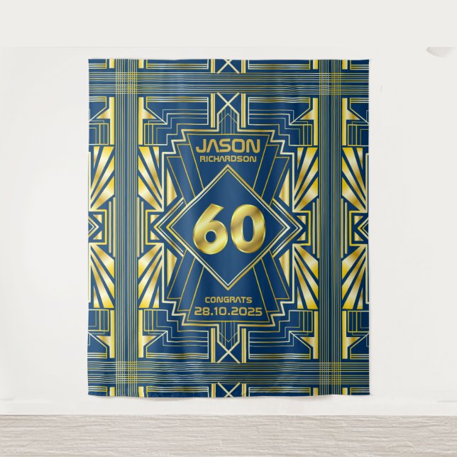 Tapete De Parede Aniversário de 60 anos Art Deco Dourado Azul Grand (Frente)