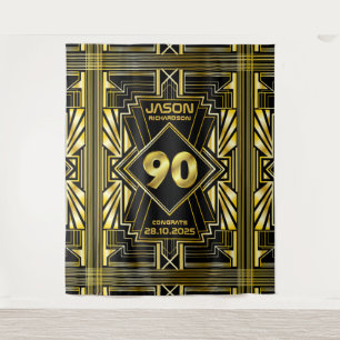 Tapete De Parede Aniversário de 90 anos Art Deco Dourado Preto Grea