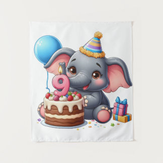 Tapete De Parede Aniversário de 9 anos do Elefante Fofo