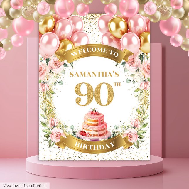 Tapete De Parede Aniversário do Elegante 90 Blush Dourado Rosa (Elegant 90th Birthday Blush Gold Rose Backdrop)