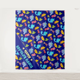 Tapete De Parede Aniversário Tema Dinossauro Colorido Azul Marinho 